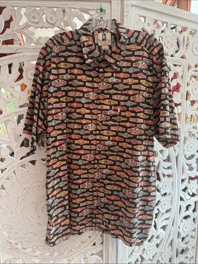 Kahala Cigar Band Black Red Gold Hawaiian Cotton Button Up Shirt Made in USA